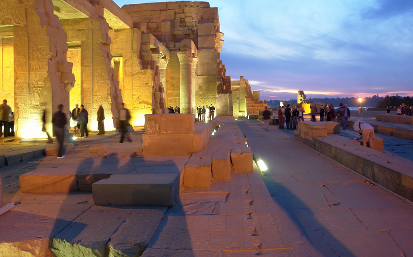 View of illuminated Kom Ombo Temple by night