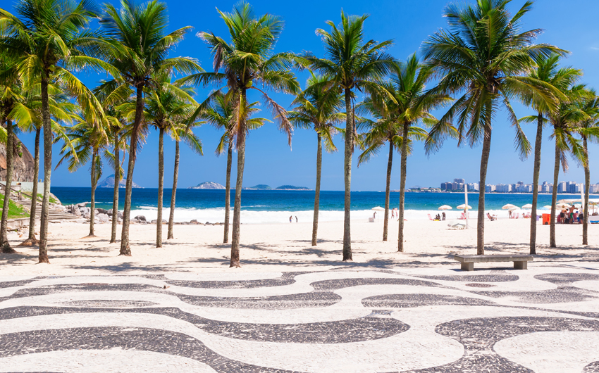 Copacabana beach with palms and mosaic of sidewalk in Rio de Janeiro