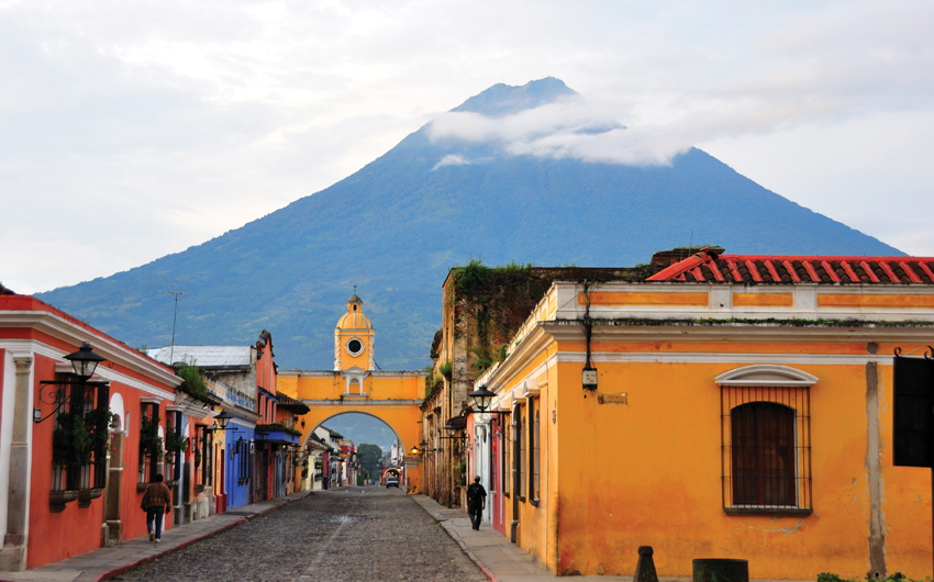 A view of the UNESCO World Heritage Site Antigua and it's surrounding volcanoes, Guatemala