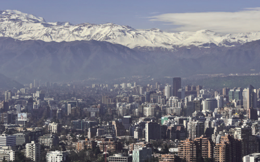 Panoramic View of Santiago, Chile with snow covered Andes in the background
