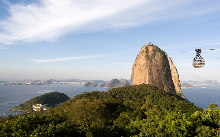 Rio de Janeiro, Sugar Loaf, famous landmark. Cable car, atlantic forest and Guanabara Bay. Brazil