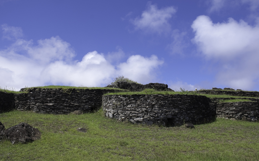 Brick houses at the ruins of Orongo Village at Rano Kau Volcano in Easter Island