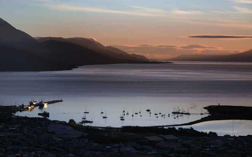 Dusk over the city of Ushuaia and the Beagle Channel in Tierra Del Fuago in Southern Argentina