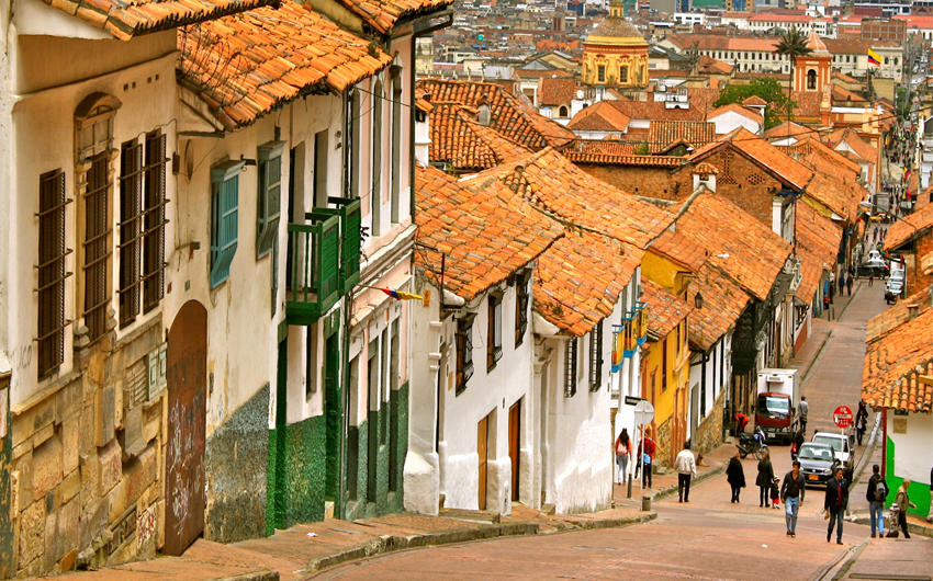 Street With Colonial Houses In The Historic District Of La Candelaria